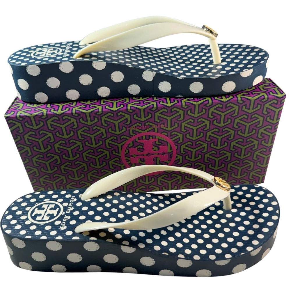 Tory Burch Navy and White Polka Dot Wedge Sandals Flip Flop -Size 8 - like new - Picture 2 of 6